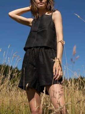 NWOT Seek Shelter Eva 100% Linen Black Elastic-Waist Spring/Summer Shorts 1X